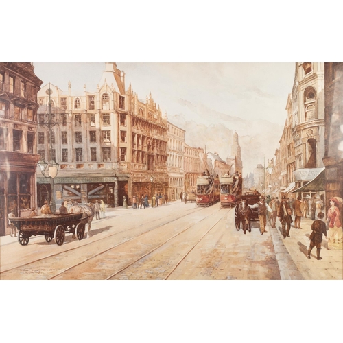 268 - K. CHERRINGTON
WATERCOLOUR DRAWING
'Market Street, Manchester' with trams and horsedrawn wagons
Sign... 