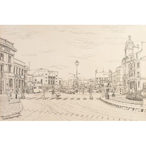 280 - HAROLD HEMMINGWAY (1908-1976)
PEN AND INK DRAWING, HEIGHTENED IN WHITE 
Rochdale street scene 
Signe... 