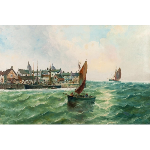 182 - J. DAVIES (circa 1900)
PAIR OF OIL PAINTINGS ON RE-LINED CANVAS
Coastal scenes with fishing boats, o... 