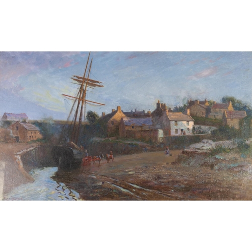 191 - FRED BALSHAW (1860 - 1936)
OIL PAINTING ON CANVAS
A coastal harbour town at low tide with beached sa... 