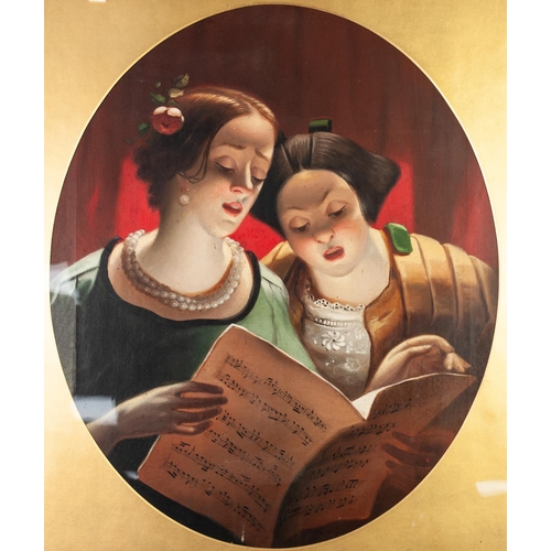 195 - BRITISH SCHOOL (19th Century)
OIL PAINTING ON CANVAS
Two young ladies singing from a music sheet, in... 