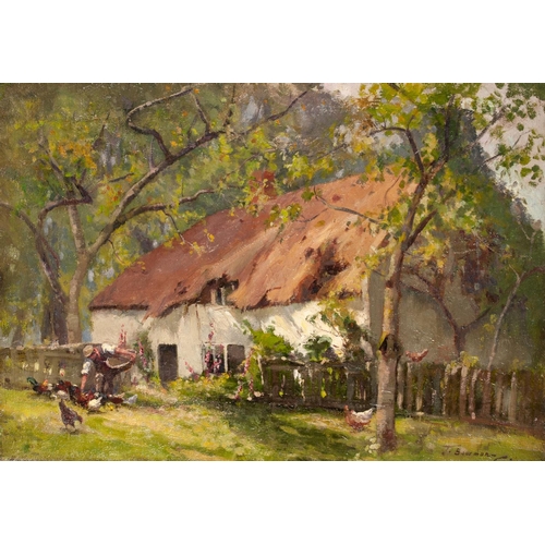 196 - J. BOWMAN (1872 - 1915)
OIL PAINTING ON CANVAS
A man feeding chickens in front of a thatched cottage... 