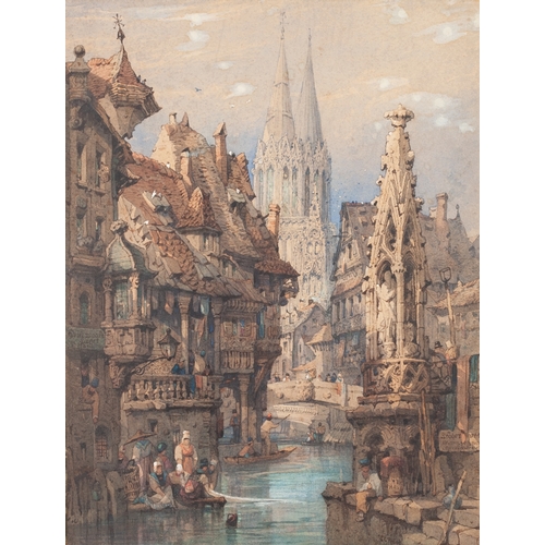 245 - SAMUEL GILLESPIE PROUT (1822 - 1911)
WATERCOLOUR DRAWING
A Normandy townscape with figures 
Signed l... 