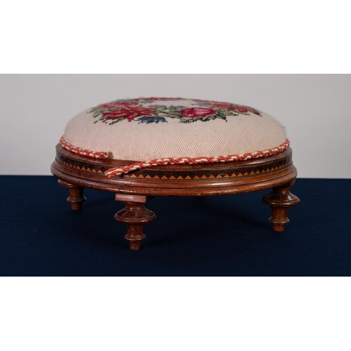 163 - VICTORIAN CROSSBANDED AND CARVED WALNUT TABOURET STOOL, the circular padded seat covered in floral w... 