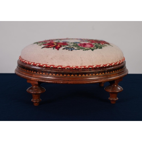 163 - VICTORIAN CROSSBANDED AND CARVED WALNUT TABOURET STOOL, the circular padded seat covered in floral w... 