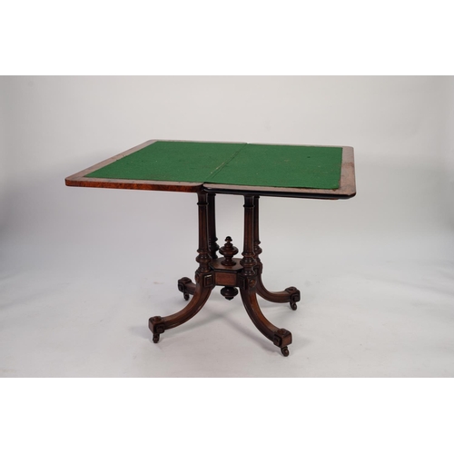 154 - LATE VICTORIAN INLAID AND PARCEL EBONISED FIGURED WALNUT PEDESTAL FOLD-OVER CARD TABLE, the rounded ... 