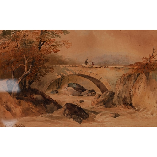 248 - ANTHONY VANDUK COPLEY FIELDING (1787 - 1855) WATERCOLOUR DRAWING
Figures crossing a stone bridge abo... 