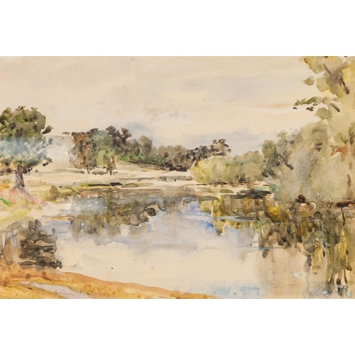 249 - FRANCIS E JAMES (1849 - 1920) 
WATERCOLOUR DRAWING
River landscape taken out of doors
Signed lower l... 