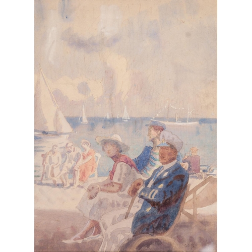 251 - WALTER BAYES R.W.S. (1869 - 1956)
WATERCOLOUR DRAWING
Figures seated ona sunlit promenade with saili... 