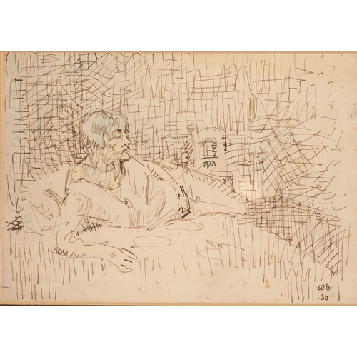 254 - WALTER BAYES R.W.S. (1869 - 1956)
PEN AND SEPIA INK WITH PALE BLUE CRAYON
A study of a lady reclinin... 