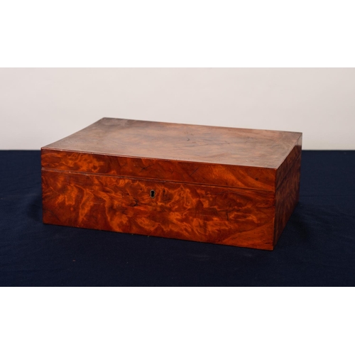 64 - NINETEENTH CENTURY FIGURED SATINWOOD SEWING BOX, of oblong form, the interior well fited with lift-o... 