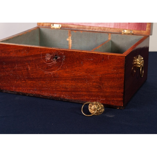 65 - VICTORIAN LINE INLAID AND CROSSBANDED MAHOGANY BOX, of oblong form with brass lion mask captive ring... 