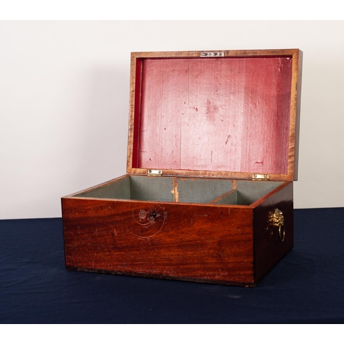 65 - VICTORIAN LINE INLAID AND CROSSBANDED MAHOGANY BOX, of oblong form with brass lion mask captive ring... 