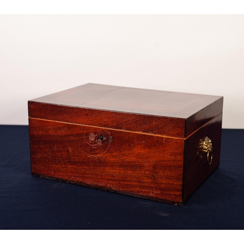 65 - VICTORIAN LINE INLAID AND CROSSBANDED MAHOGANY BOX, of oblong form with brass lion mask captive ring... 