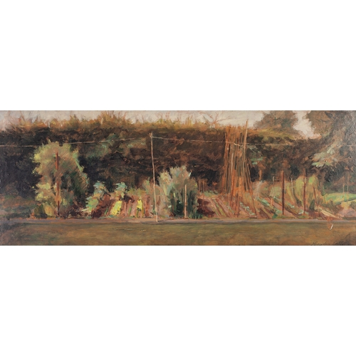 322 - NICHOLAS COLLIER (TWENTIETH CENTURY)
OIL PAINTING ON BOARD 
The Allotment 
Signed 
10 1/2