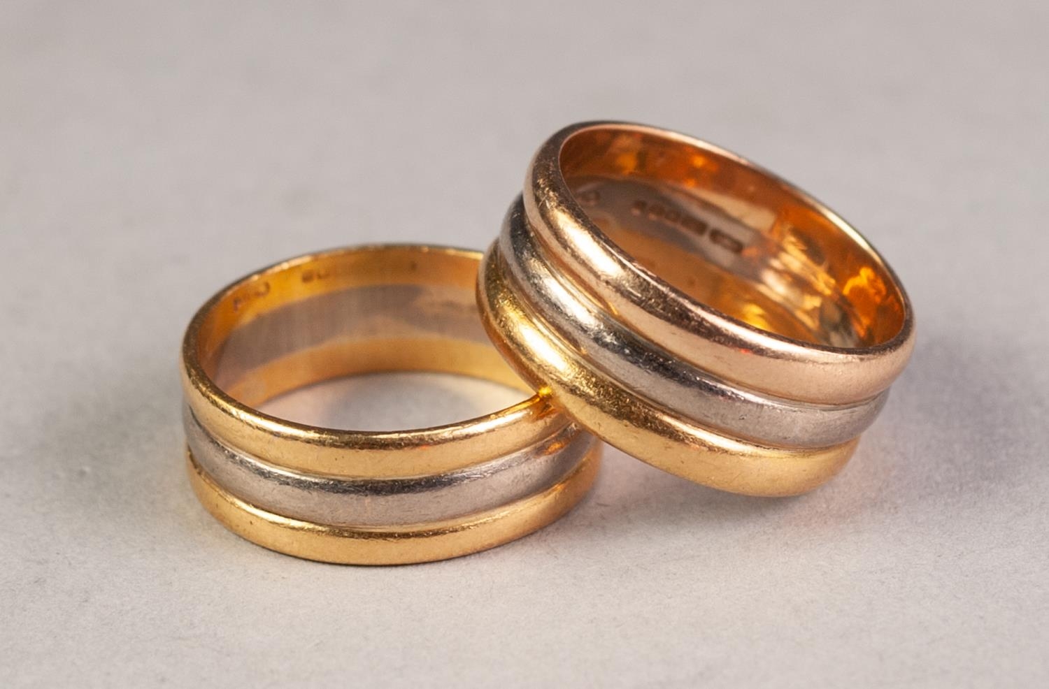 PAIR OF 'CHARD' TRIPLE STRAND, BROAD, TWO-COLOUR GOLD WEDDING RINGS ...