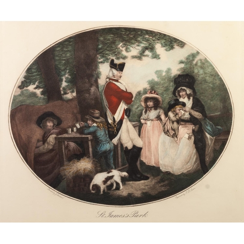 180A - AFTER GEORGE MORLAND,
PAIR OF COLOUR PRINTS FROM OVAL MEZZOTINTS,
'A Tea Garden' and 'St. James's Pa... 