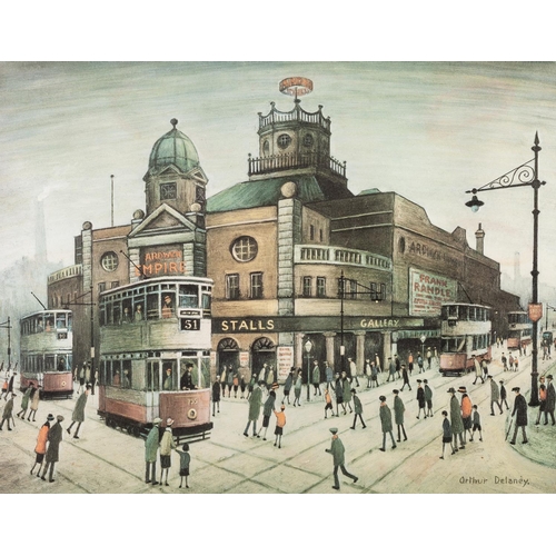 277D - ARTHUR DELANEY 
THREE ARTIST SIGNED COLOUR PRINTS 
Ardwick Empire, Manchester, with blind stamp 
14”... 