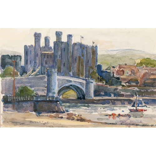 296 - ROBERT BINDLOSS (b. 1939) 
WATERCOLOUR 
Greeting card with view of Conwy Castle to the front, text i... 