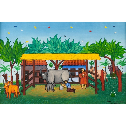 293 - OBEDIER LUIT (TWENTIETH CENTURY, BRAZILIAN SCHOOL) 
OIL PAINTING 
Milking time 
Signed and dated 198... 