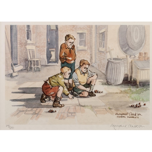 245 - MARGARET CLARKSON 
THREE ARTIST SIGNED LIMITED EDITION COLOUR PRINTS 
‘Hop Scotch’, (56/500) 
8 ½” x... 