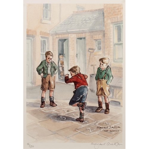 245 - MARGARET CLARKSON 
THREE ARTIST SIGNED LIMITED EDITION COLOUR PRINTS 
‘Hop Scotch’, (56/500) 
8 ½” x... 