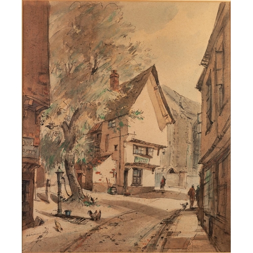 387 - ARTHUR EDWARD DAVIES R.B.A. (b. 1893)
PEN AND BLACK INK AND WATERCOLOUR
'Elm Hill, Norwich'
Signed l... 