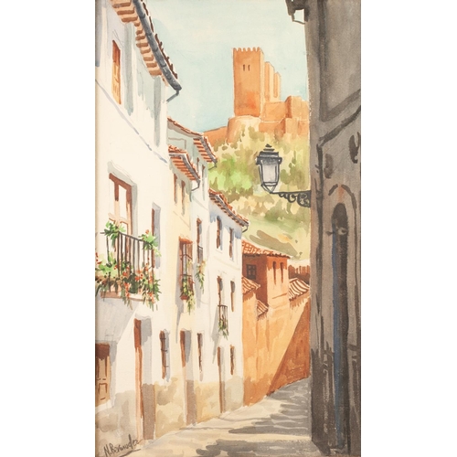 382 - N. Bermudez 
Watercolour drawing 
Spanish street scene Circa 1960, 
signed lower left and labelled v... 