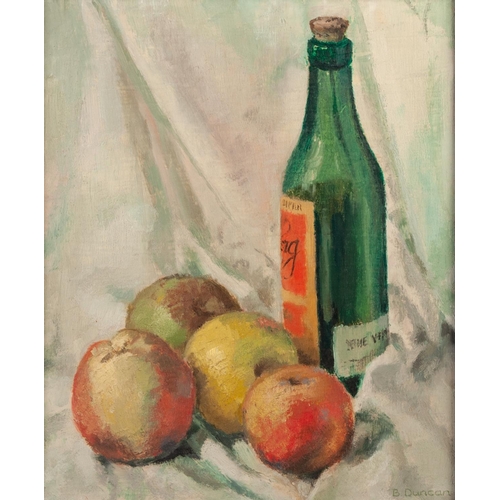 383 - Barbara Duncan (Old Bosham) 
Two oil paintings on board 
Still life – wine bottles and four apples 
... 