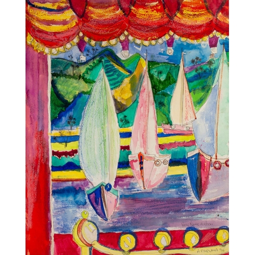 376 - A. PARLAND (TWENTIETH CENTURY) 
MIXED MEDIA ON PAPER 
‘View Near a Room’, sailing boats 
Signed and ... 