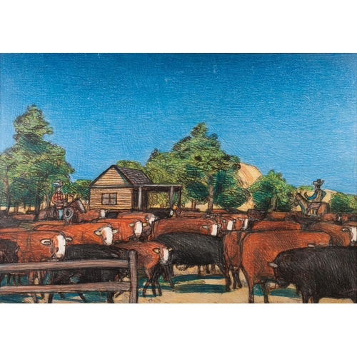 343 - RICHARD WAWRO (1952-2006) 
TWO WAX CRAYON ON PAPER, LAID ON BOARD ‘950 Cows in Texas’, June (19)73 
... 