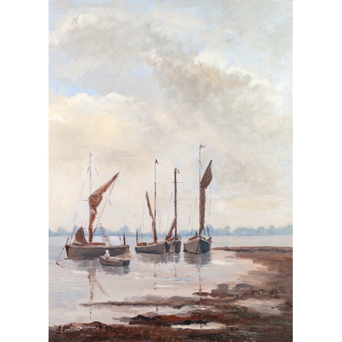 340 - JEAN DEAKIN (MODERN)
OIL PAINTING ON BOARD
Thames barges at anchor
Signed and dated (19)70 lower rig... 