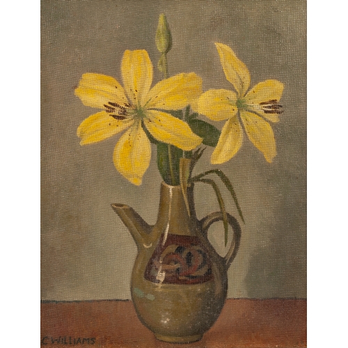 268 - CHARLIE WILLIAMS (TWENTIETH CENTURY) 
OIL ON BOARD 
Still life-jug of flowers 
Signed 
9 ½” x 7 ½” (... 