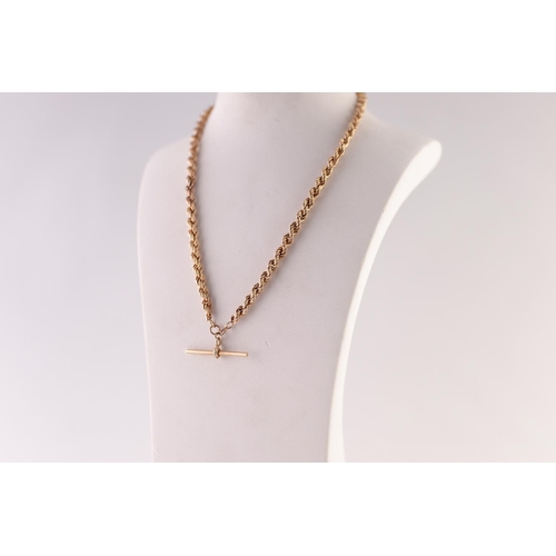 209 - 9ct GOLD ROPE CHAIN ALBERT, with T-bar and two clips, length 46cm, 12.25g