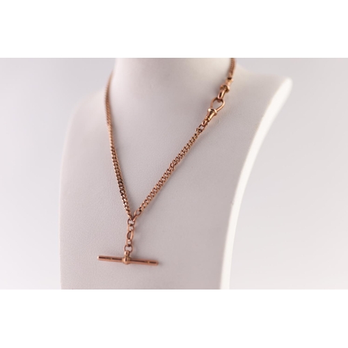 208 - 9ct ROSE GOLD CURB LINK ALBERT CHAIN, with T-bar and two clips, length 33.5cm, 6.57g