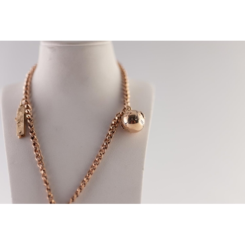 220 - 9ct GOLD FANCY LINK ALBERT CHAIN, with T-bar and two clips, length 38cm, suspending a MASONIC BALL, ... 