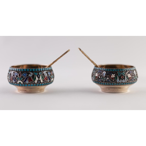 43 - A PAIR OF IMPERIAL RUSSIAN SILVER (.84 zolotniks) AND CLOISONNE ENAMEL SALT CELLARS WITH ASSOCIATED ... 