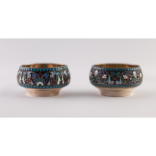 43 - A PAIR OF IMPERIAL RUSSIAN SILVER (.84 zolotniks) AND CLOISONNE ENAMEL SALT CELLARS WITH ASSOCIATED ... 
