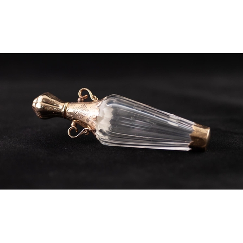 21 - A LATE 19TH CENTURY FRENCH FACETED CLEAR GLASS AND GOLD COLOURED METAL MOUNTED SCENT BOTTLE