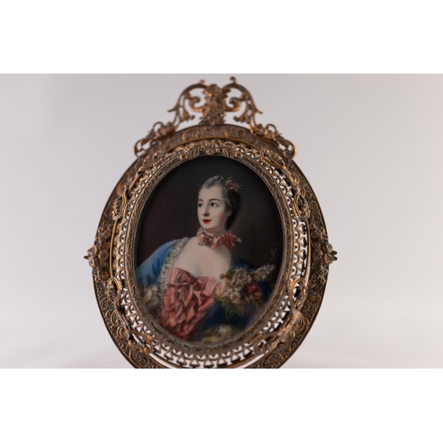 3 - A LATE 19TH CENTURY FRENCH PASTICHE OVAL PORTRAIT MINIATURE ON IVORY OF MADAM POMPADOR, contained in... 