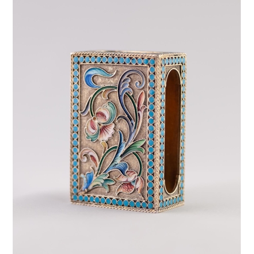 46 - AN IMPERIAL RUSSIAN SILVER (.84 zolotniks) GILT AND CLOISONNE ENAMEL MATCH CASE HOLDER, 2 1/2