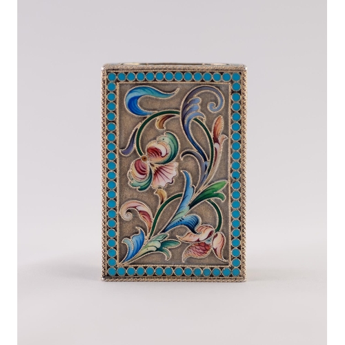 46 - AN IMPERIAL RUSSIAN SILVER (.84 zolotniks) GILT AND CLOISONNE ENAMEL MATCH CASE HOLDER, 2 1/2