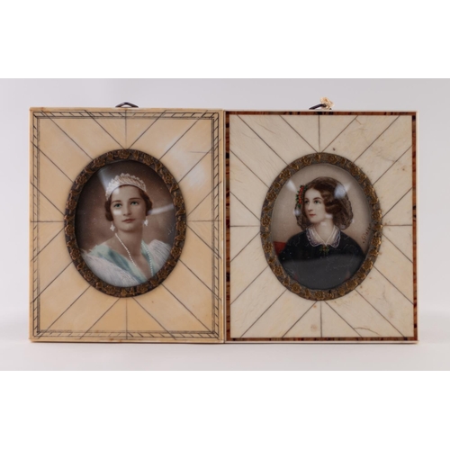 8 - TWO LATE 19TH CENTURY FRENCH PIANO-KEY FRAMED PASTICHE PORTRAIT MINIATURE OF LADIES, each 3 3/8