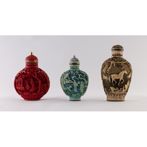 26 - A CHINESE CARVED CINNABAR LACQUER SNUFF BOTTLE with opposing panels of mei-jen in terraced gardens d... 