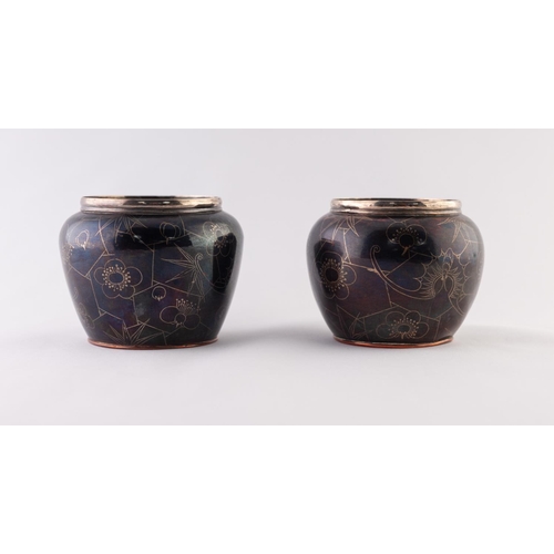 36 - A GOOD QUALITY PAIR OF SMALL JAPANESE MEIJI PERIOD COPPER ALLOY SMALL BOWLS, the patinated bodies in... 