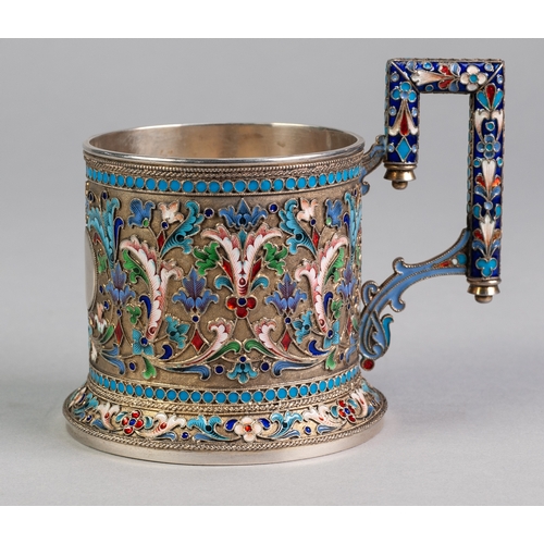 42 - A FINE IMPERIAL RUSSIAN SILVER (84 zolotniks purity) PARCEL GILT AND CLOISONNE ENAMEL MUG, the cylin... 