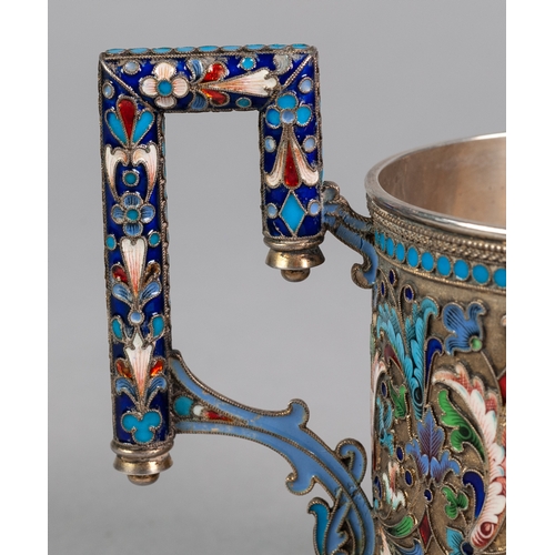 42 - A FINE IMPERIAL RUSSIAN SILVER (84 zolotniks purity) PARCEL GILT AND CLOISONNE ENAMEL MUG, the cylin... 