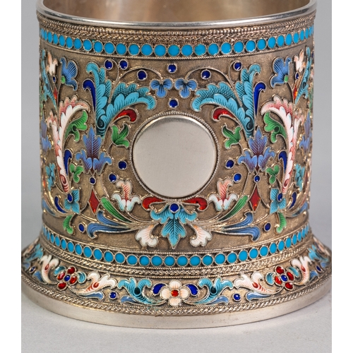 42 - A FINE IMPERIAL RUSSIAN SILVER (84 zolotniks purity) PARCEL GILT AND CLOISONNE ENAMEL MUG, the cylin... 