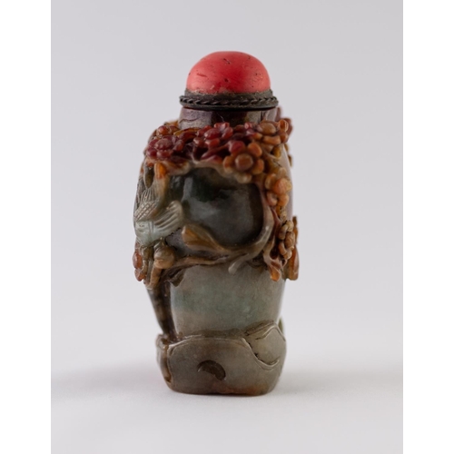 30 - A GOOD CHINESE QING DYNASTY CARVED THREE COLOUR JADE SNUFF BOTTLE the grey-green stone with russet i... 