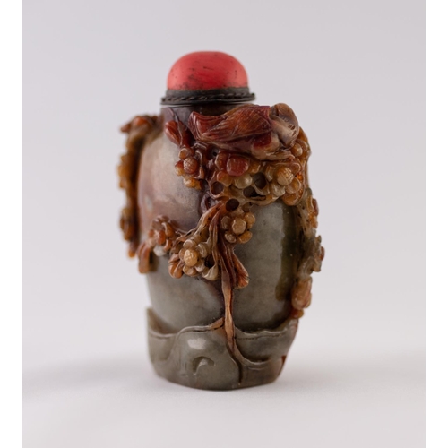 30 - A GOOD CHINESE QING DYNASTY CARVED THREE COLOUR JADE SNUFF BOTTLE the grey-green stone with russet i... 